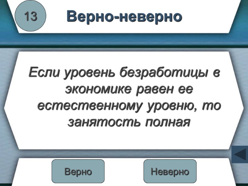 Верно-неверно Если уровень безработицы в экономике равен ее естественному уровню, то занятость полная 13